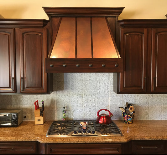 Range hood covered in Antique heavy gauge patina copper