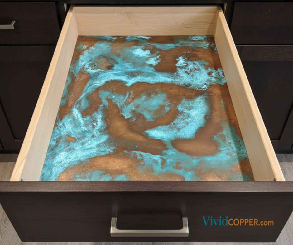 Heavy Gauge Patina Sheet Copper in Tiffany Green Swirl